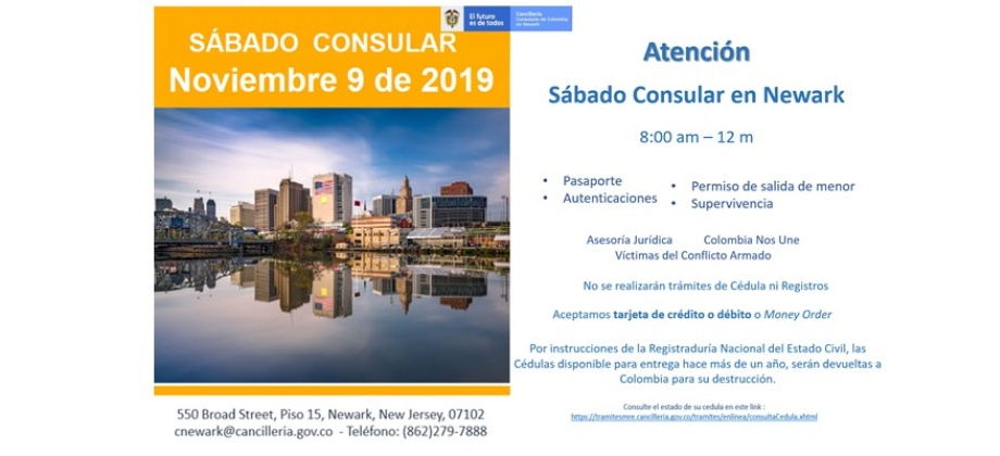 Consulado de Colombia en Newark invita a la jornada del Sábado Consular programada para el 9 de noviembre de 2019