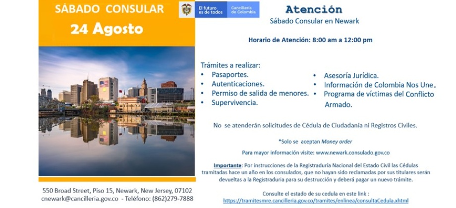 Consulado de Colombia en Newark realizará la jornada de Sábado Consular el 24 de agosto de 2019