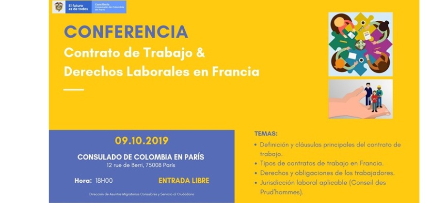 Consulado de Colombia en París invita a la conferencia «Contrato de Trabajo & Derechos Laborales en Francia» del 9 de octubre de 2019