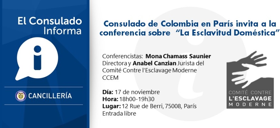 Consulado de Colombia en París invita a la conferencia sobre  “La Esclavitud Doméstica” el 17 de noviembre 