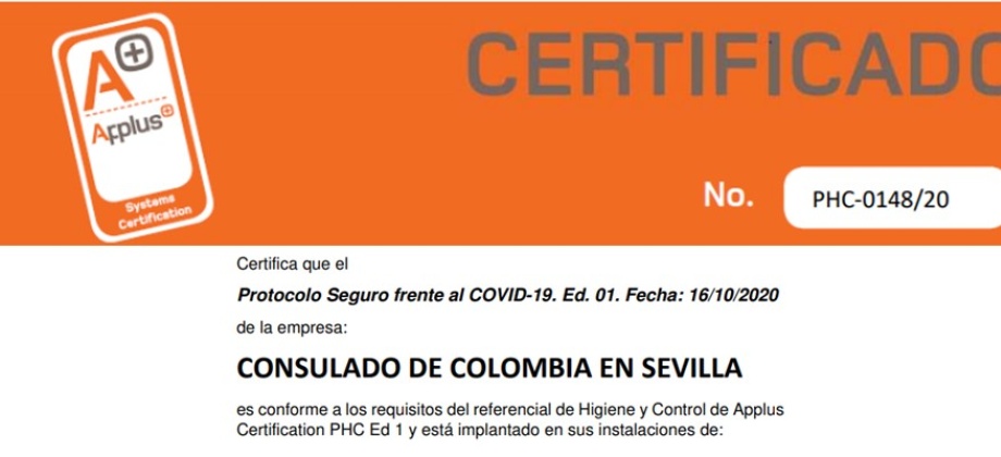 Consulado de Colombia en Sevilla recibe certificado adjunto sobre Protocolo seguro frente al COVID