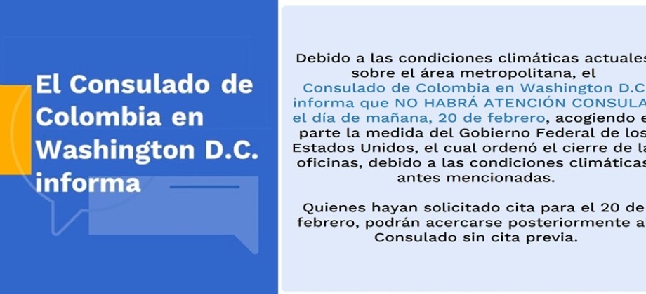 Consulado de Colombia en Washington no tendrá atención al público el 20 de febrero de 2019