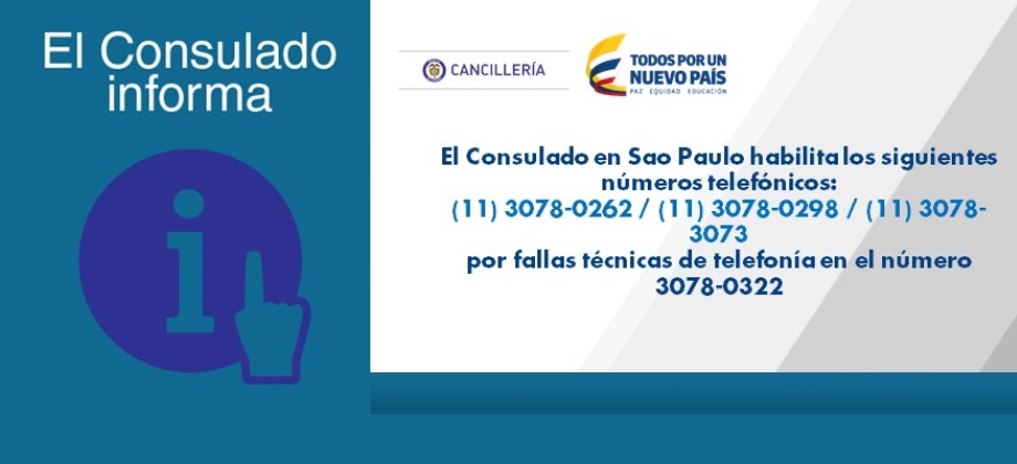 Consulado en Sao Paulo habilita los siguientes números telefónicos: (11) 3078-0262 / (11) 3078-0298 / (11) 3078-3073 por tener fallas con línea 3078-0322