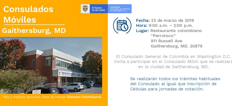 Consulado de Colombia en Washington realizará el 23 de marzo de 2019 una jornada de Consulado Móvil en Gaithersburg