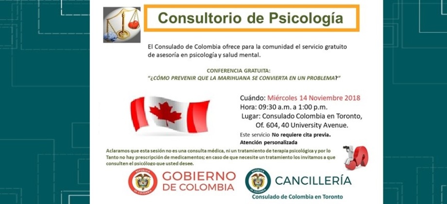 Consulado General de Colombia en Toronto invita a la asesoría en psicología y salud mental el 14 de noviembre