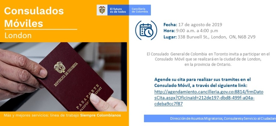 Consulado General de Colombia en Toronto realiza el Consulado Móvil en London el 17 de agosto 
