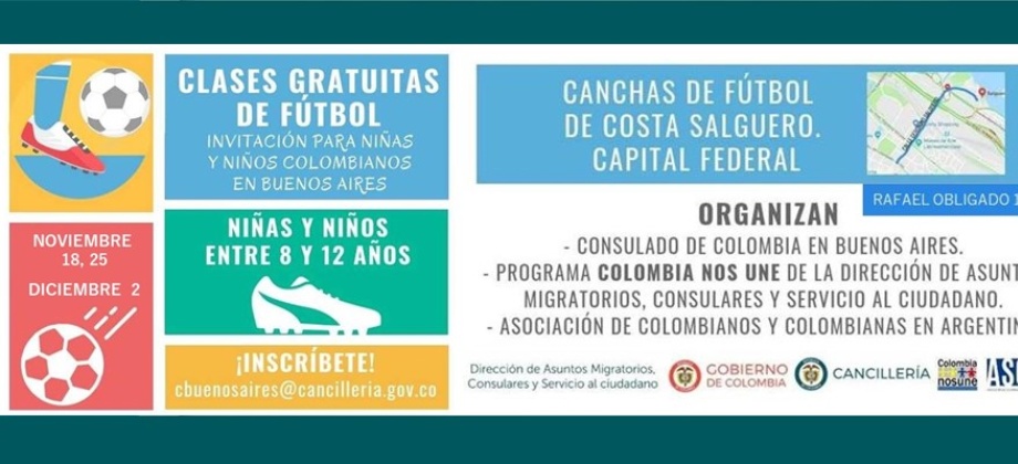 Consulado invita a niñas y niños colombianos en Buenos Aires a clases de fútbol