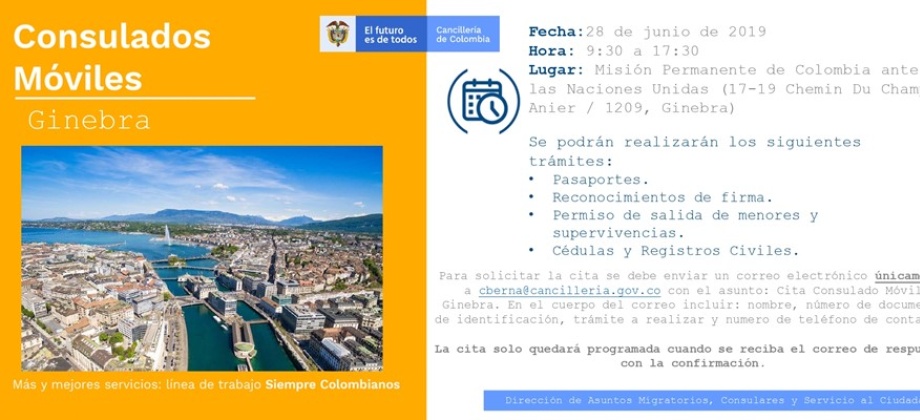 Consulado Móvil se llevará a cabo en la ciudad de Ginebra el 28 de junio 