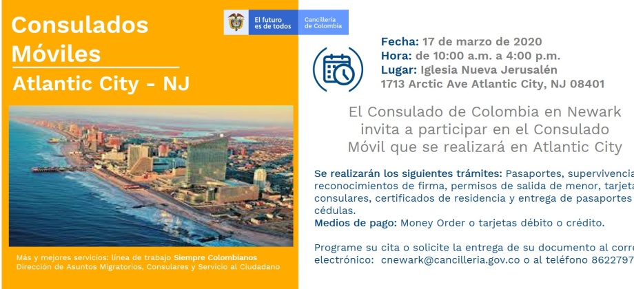 El Consulado de Colombia en Newark realizará una jornada móvil en Atlantic City el martes 17 de marzo de 2020