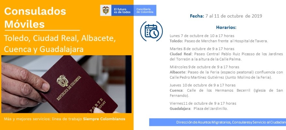 Consulado Móvil en Toledo, Ciudad Real, Albacete, Cuenca y Guadalajara del 7 al 11 de octubre de 2019