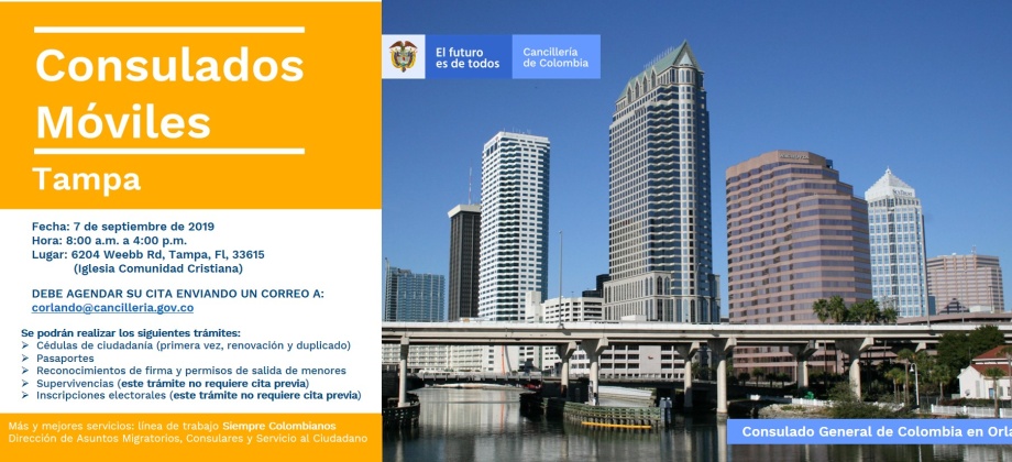 Consulado de Colombia en Orlando realizará un Consulado Móvil en Tampa, el 7 de septiembre de 2019
