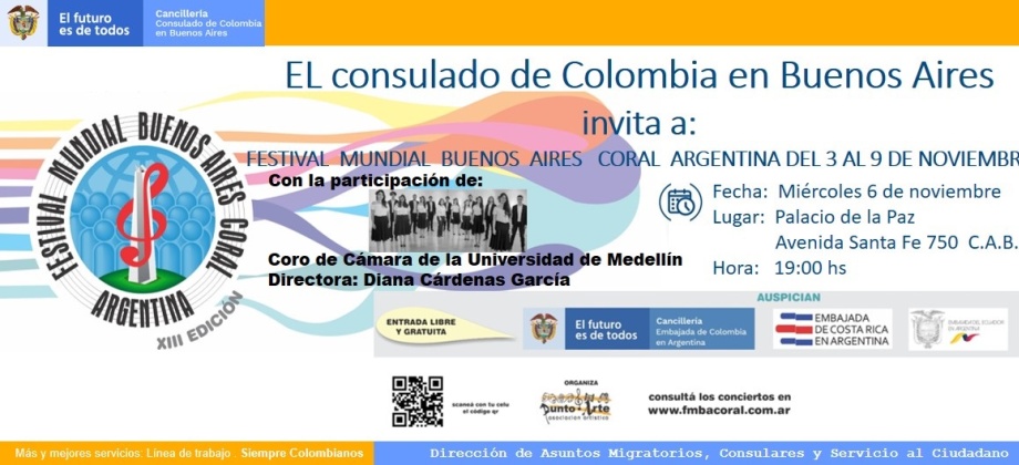 El Consulado de Colombia invita al Festival Mundial Buenos Aires coral Argentina, del 3 al 9 de noviembre de 2019