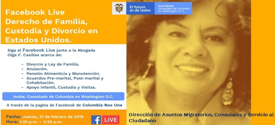 El Consulado de Colombia en Washington explicará el derecho de familia, la custodia y el divorcio en Estados Unidos a través de la página de Facebook 