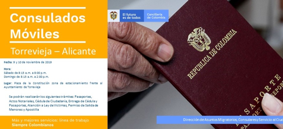 Imagen con la fecha y lugar de la jornada del Consulado Móvil en Torrevieja – Alicante