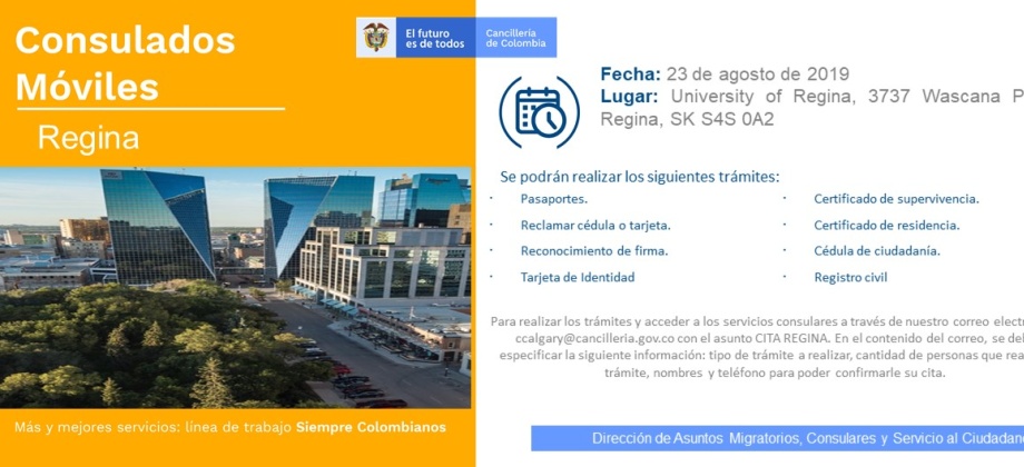 El Consulado de Colombia en Calgary realizará la jornada de Consulado Móvil en Regina el 23 de agosto de 2019