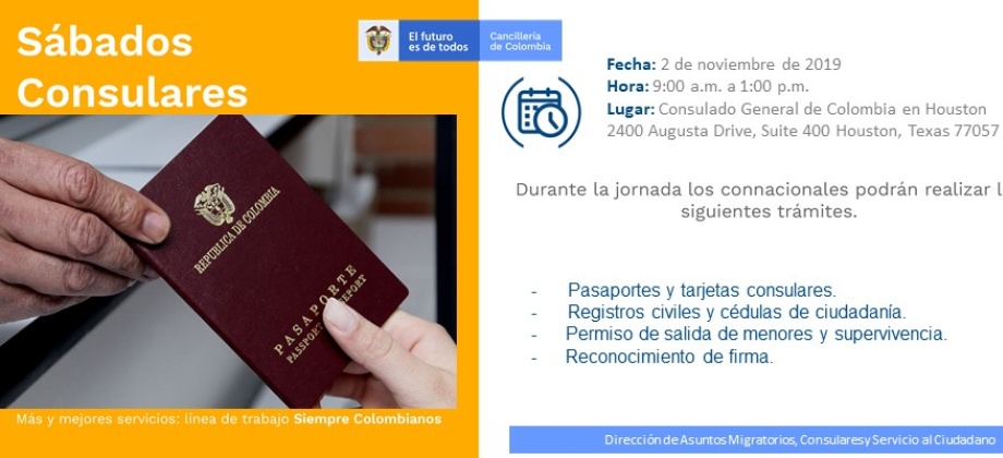 El Consulado de Colombia en Houston realizará un nuevo Sábado Consular el 9 de noviembre de 9:00 a.m. a 1:00 p.m.