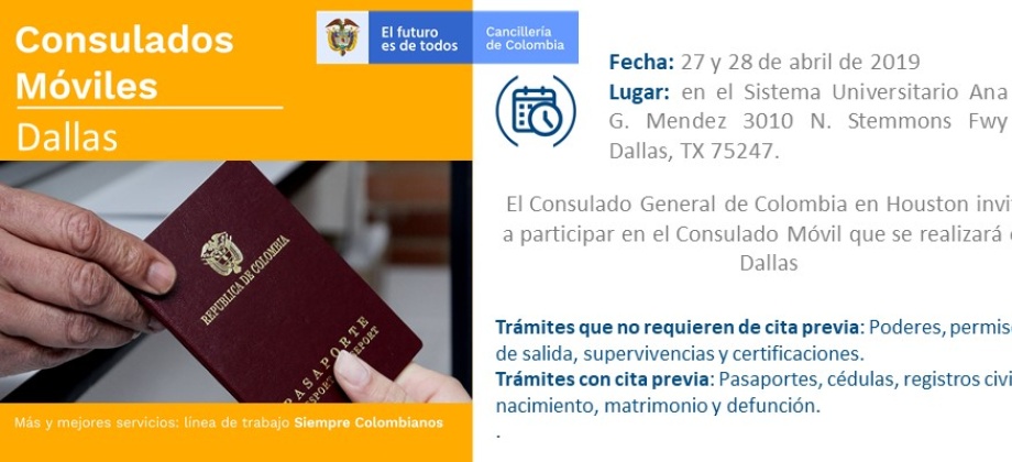 El Consulado de Colombia en Huston realizará jornada de Consulado Móvil en Dallas el 27 y 28 de abril 