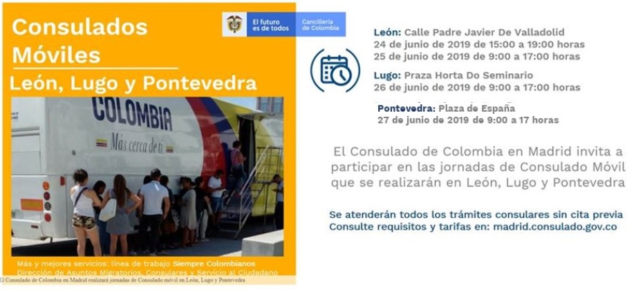 Consulado de Colombia realizará jornadas de Consulado móvil en León, Lugo y Pontevedra