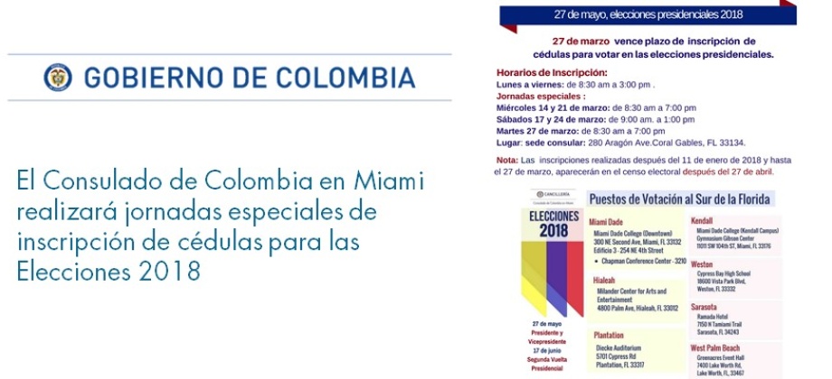 El Consulado de Colombia en Miami realizará jornadas especiales de inscripción de cédulas para las Elecciones