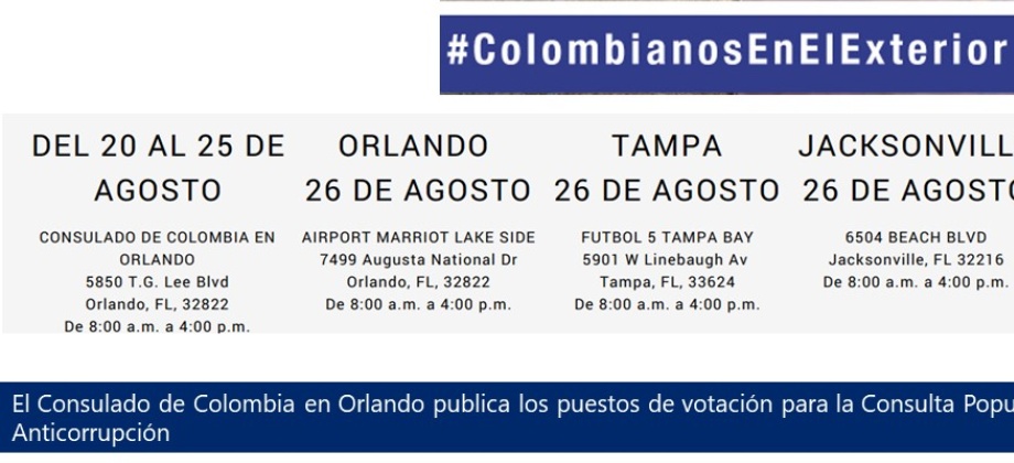 Consulado de Colombia en Orlando publica los puestos de votación para la Consulta Popular Anticorrupción