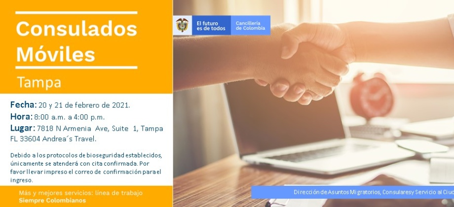 El Consulado de Colombia en Orlando realizará la jornada de Consulado Móvil en Tampa del 20 al 21 de febrero de 2021