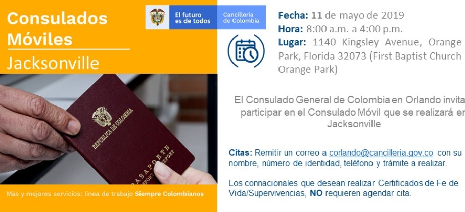 El Consulado de Colombia en Orlando realizará una jornada de Consulado Móvil en Jacksonville el 11 de mayo 