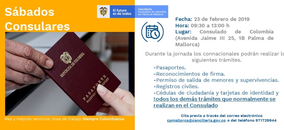 El Consulado de Colombia en Palma Mallorca realizará la jornada de Sábado Consular el 23 de febrero 