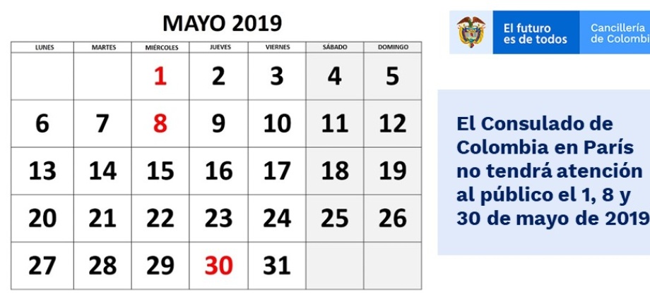 El Consulado de Colombia en París no tendrá atención al público el 1, 8 y 30 de mayo