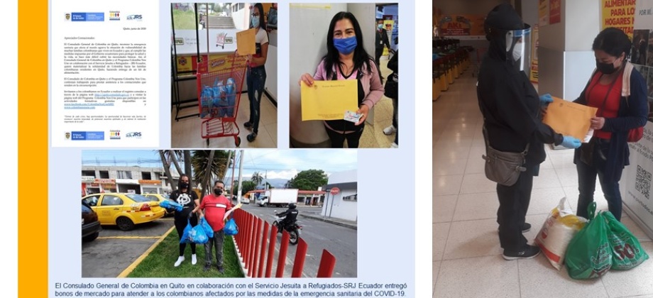 El Consulado de Colombia en Quito en colaboración con el Servicio Jesuita a Refugiados-SRJ Ecuador entregó bonos de mercado para asistir a los colombianos afectados por la emergencia sanitaria del COVID