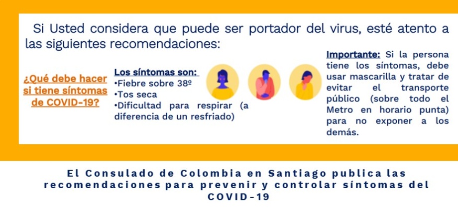 El Consulado de Colombia en Santiago publica las recomendaciones para prevenir y controlar síntomas de COVID