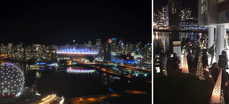 Consulado de Colombia en Vancouver logró que en el Día de las Velitas el British Columbia Place se iluminara con la bandera tricolor 