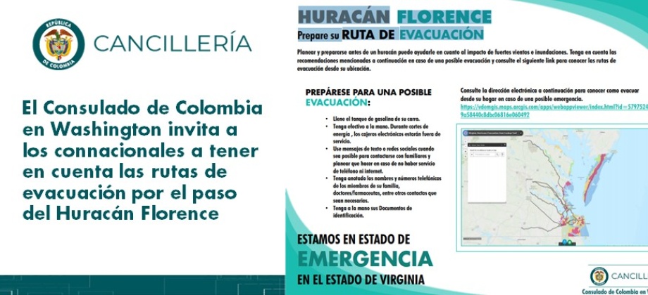 El Consulado de Colombia en Washington invita a los connacionales a tener en cuenta las rutas de evacuación por el Huracán Florence
