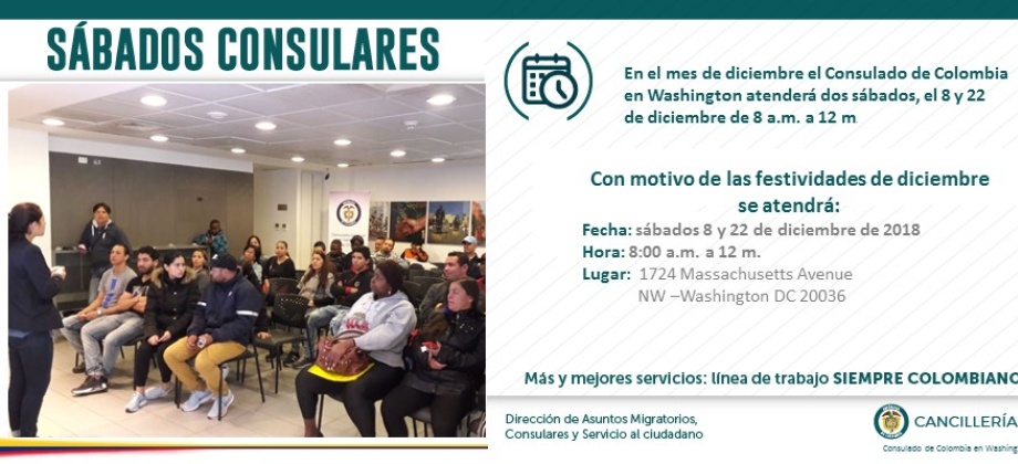 El Consulado de Colombia en Washington tendrá atención al público los sábados 8 y 2 de diciembre de 2018, de 8:00 a.m. a 12:00 m.