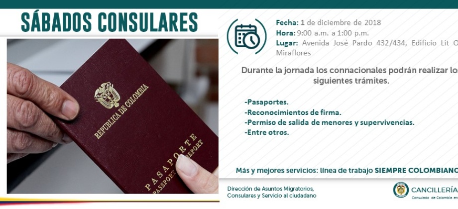El primero de diciembre se realizará el Sábado Consular en la sede del Consulado en Lima