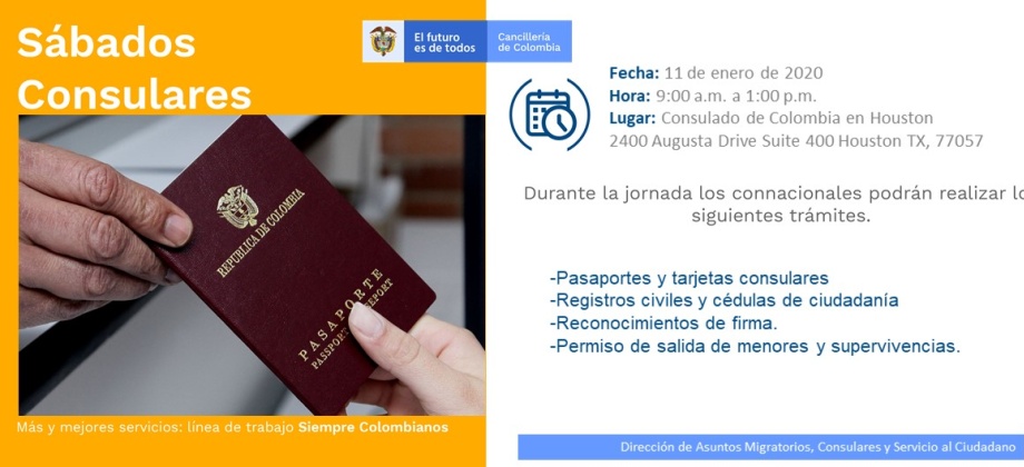 Este 11 de enero de 2020 el Consulado de Colombia en Houston realizará la jornada de Sábado Consular 