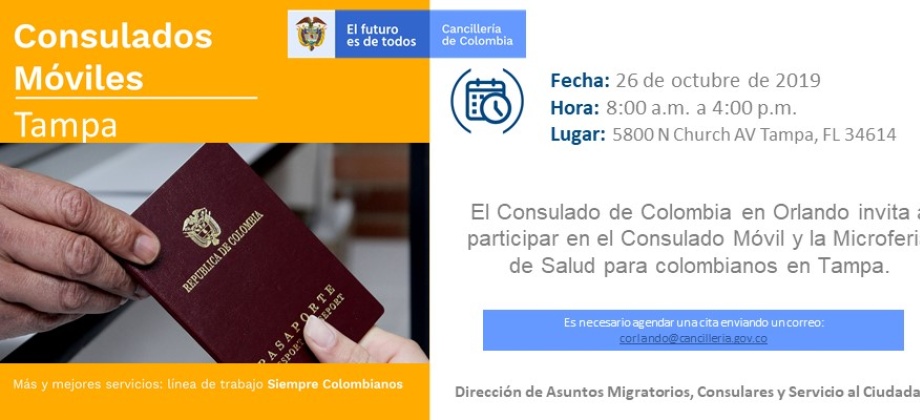 Imagen con la fecha en la que se realizará el Consulado Móvil y la Microferia de Salud para colombianos en Tampa