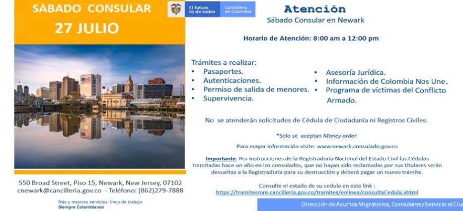Este 27 de julio el horario de atención será de 8:00 a.m. a 12 m. en el Sábado Consular programado por el Consulado de Colombia 