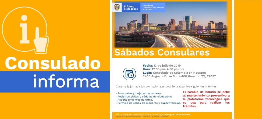 El Consulado de Colombia en Houston realizará un nuevo Sábado Consular el 13 de julio de 2019 de 12:30 p.m. a 4:30 p.m.