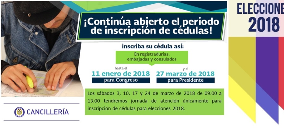 La Embajada de Colombia en Países Bajos y su sección consular informan que continúa abierto el periodo de inscripción de cédulas para las Elecciones 2018