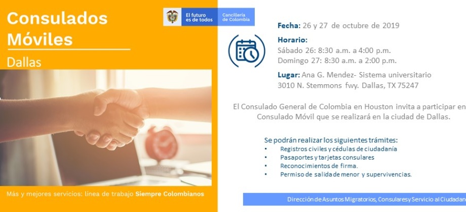Jornada de Consulado Móvil el 26 y 27 de octubre en Dallas