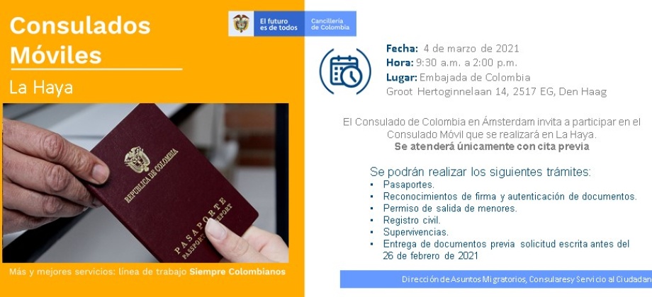 Jornada de Consulado Móvil en La Haya el 4 de marzo de 2021