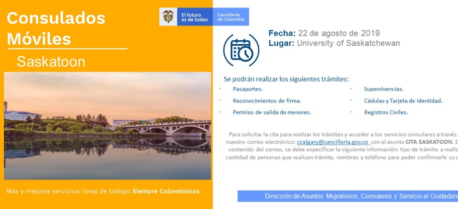 Jornada de Consulado Móvil en Saskatoon el jueves 22 de agosto 