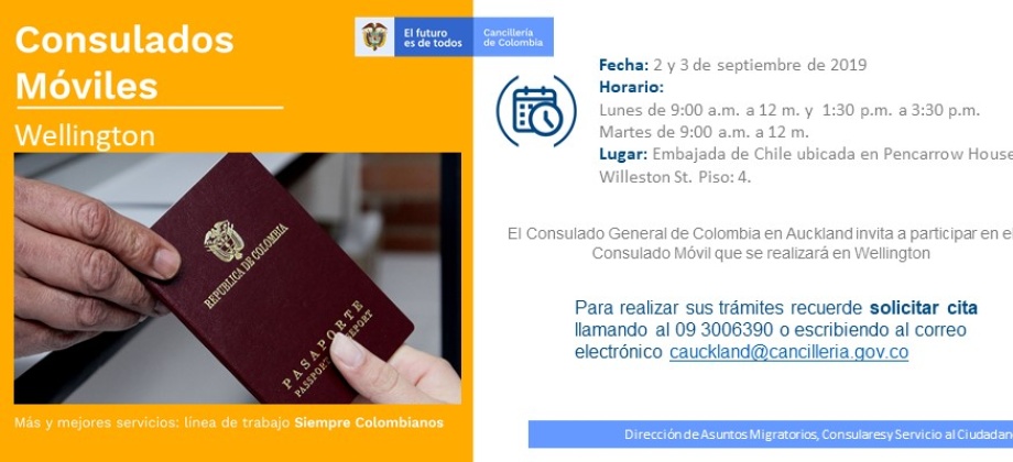 Jornada de Consulado Móvil en Wellington el lunes 2 y martes 3 de septiembre 