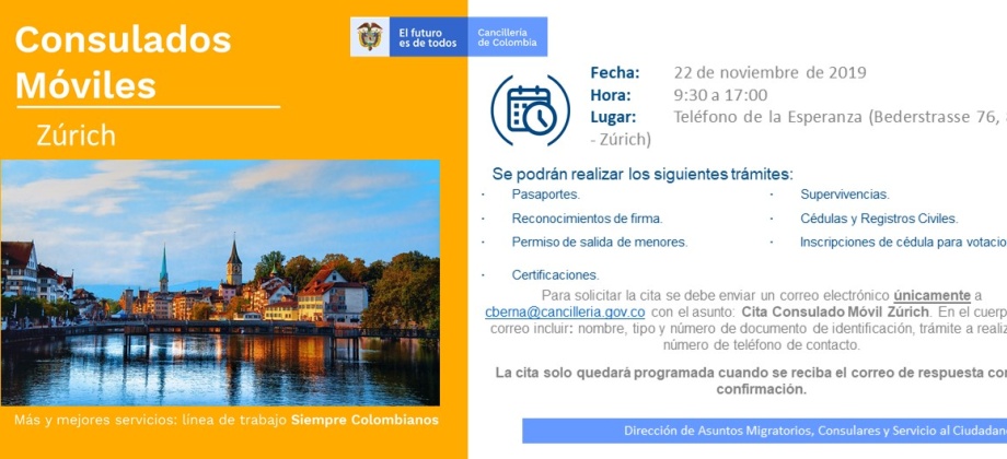 Jornada de Consulado Móvil para los colombianos en Zúrich el 22 de noviembre de 2019 