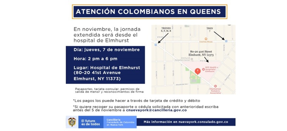 En noviembre, la jornada extendida del Consulado en Nueva York será desde el hospital de Elmhurst: jueves 7 de noviembre 