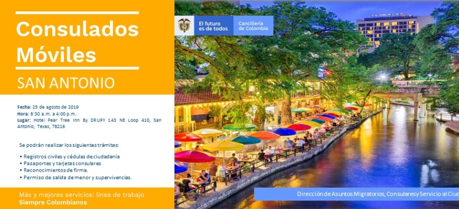 Jornada móvil en San Antonio el 25 de agosto organizada por el Consulado de Colombia 