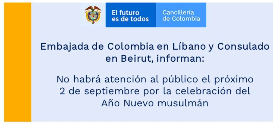 Embajada de Colombia en Líbano no tendrá atención al público el 2 de septiembre de 2019