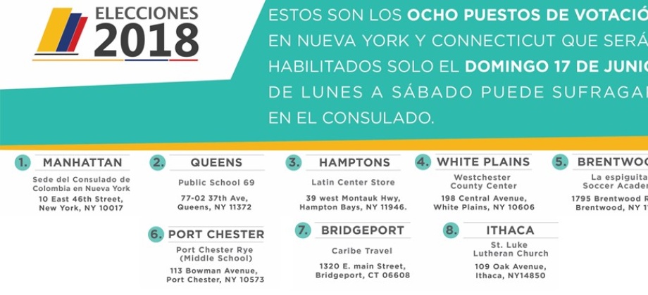 Los colombianos habilitados para votar en Nueva York y Connecticut que van a sufragar el domingo, 17 de junio, deben hacerlo en el puesto de votación que eligieron para hacerlo
