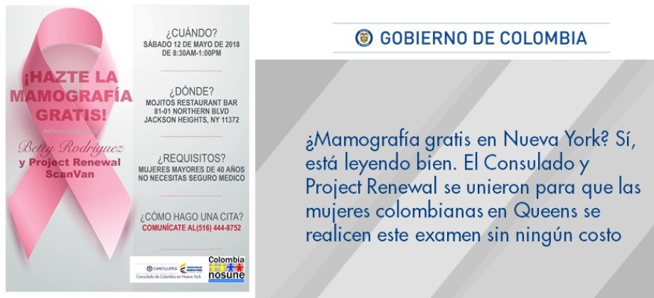 ¿Mamografía gratis en Nueva York? Sí, está leyendo bien. El Consulado y Project Renewal se unieron para que las mujeres colombianas en Queens se realicen este examen