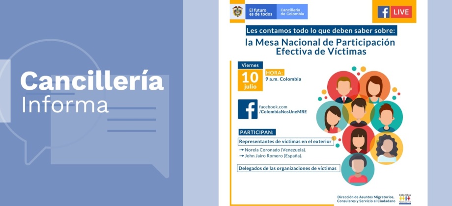 Cancillería invita a los colombianos en el exterior a la charla virtual sobre la Mesa Nacional de Participación Efectiva de Víctimas, el 10 de julio de 2020